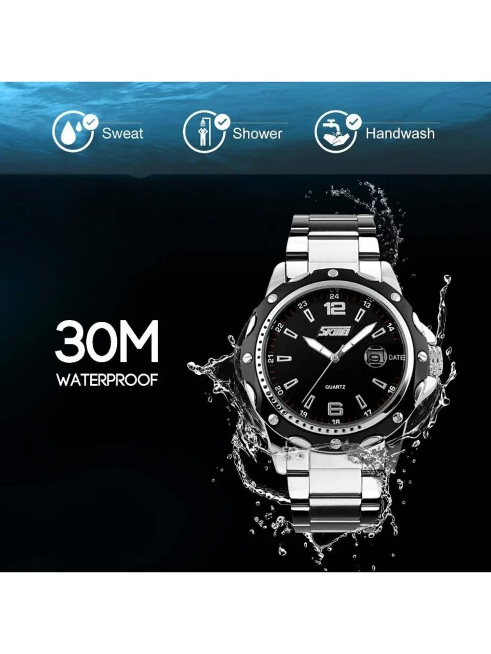 Men's Silver Black Analog Quartz Stainless Steel Waterproof Luxury Wrist Watch